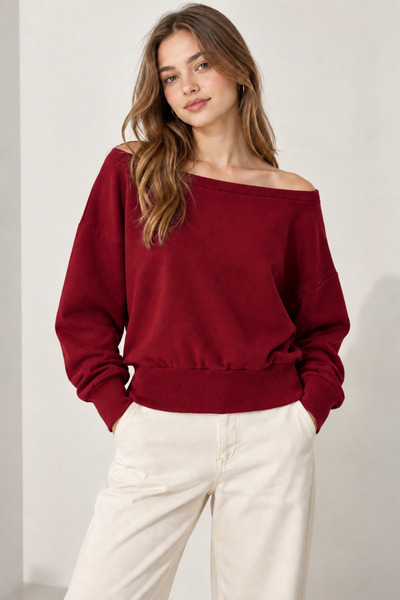 WE&ME Kadın Kayık Yaka Crop Sweatshirt Geniş Yaka Kaşkorse Bel ve Kol Lastikl...