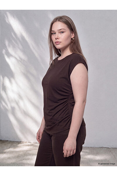LC Waikiki Vizyon New Season Brown Plus Size Crew Neck Gathered Blouse