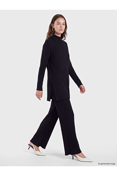 LC Waikiki Lcw Modest Navy Blue Elastic Waist Ribbed Women's Knitwear Trousers