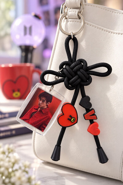 BTS BT21 Fotoğraflı Şans Düğümü Anahtarlık Çanta Askısı - Siyah