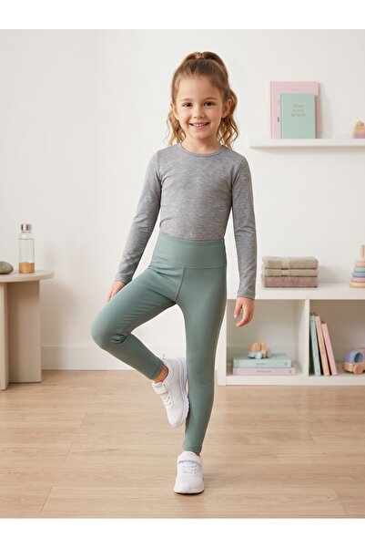 Deniva Kids Kız Çocuk Su Yeşili Yüksek Bel Oysho Kumaş Esnek Spor ve Günlük Tayt