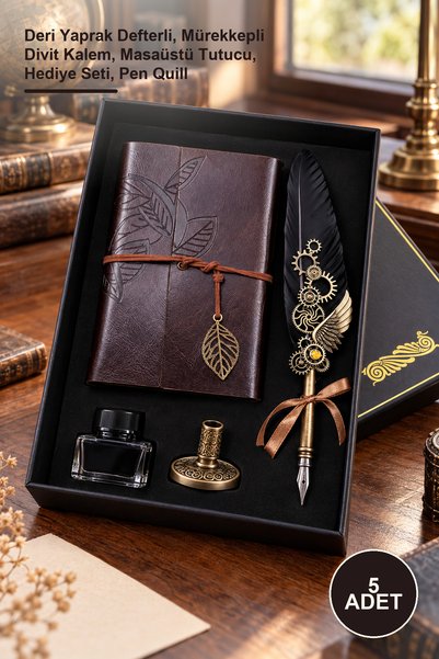 Yenilig 5-Piece Feather Dip Quill Pen Set – Leather Leaf Notebook, Ink Quill ...