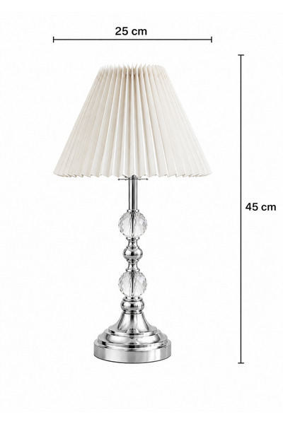 EvLight Elis Gümüş Metal Kristal Camlı Krem Kumaş Başlıklı Oturma Odası Salon Masa Lambası