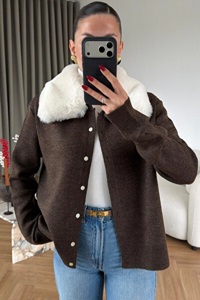 My Blog Brown Fur Collared Buttoned Cardigan - 2Y261002