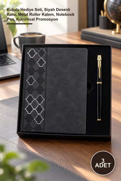 Yenilig 3-Piece Leather Patterned Notebook Pen Set – Boxed Gift Set, Black Pa...