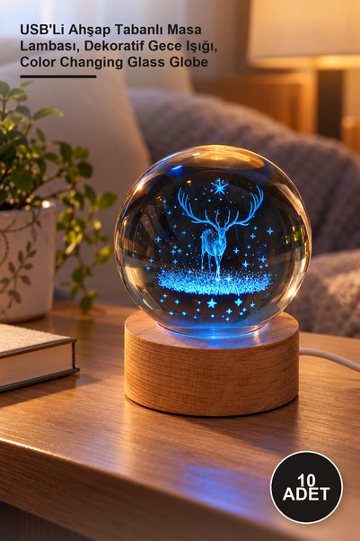 Yenilig 10 Color Changing Deer Glass Globes – USB Wooden Base Table Lamp, Dec...
