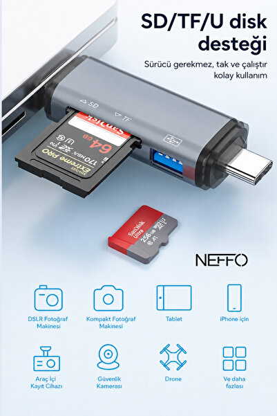 NEFFO 3in1 Usb Otg Kart Okuyucu Type-c Ve Micro Usb Uçlu Pc Notebook Uyumlu Mikro Sd Kart Okuyucu