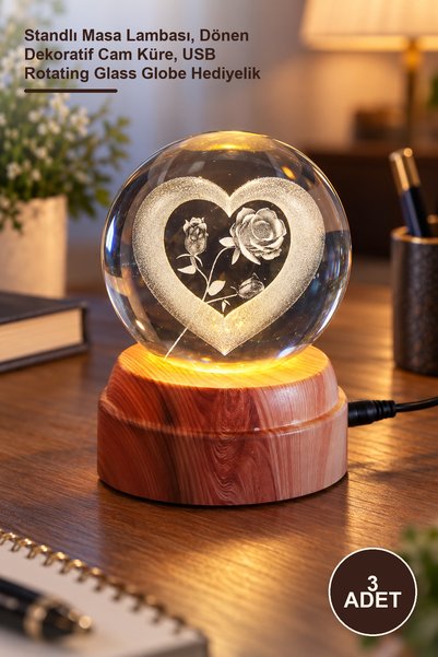 Yenilig 3 Rotating Glass Globes with USB – Table Lamp with Stand, Rotating De...