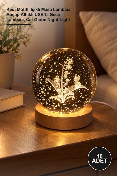 Yenilig 10 pieces glass globe - cat motif lighted table lamp, wooden base usb...