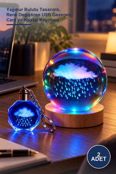 Yenilig 2-Piece Glass Globe and Light-Up Keychain Gift Set – Rain Cloud Desig...