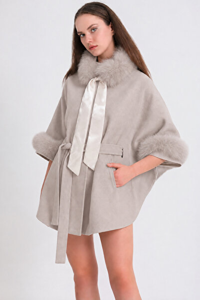 Leather Club Stone Color Cashmere Cape Jacket with Fox Fur Accessories