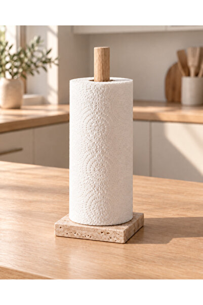 Doğal Traverten Kâğıt Havluluk Masif Ahşap Saplı 14 × 14 cm