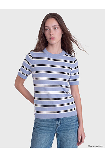 LC Waikiki Vizyon New Season Blue Crew Neck Striped Women's Knitwear Sweater