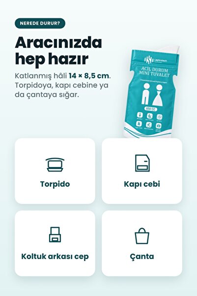 Laphrotech Beyond Compare Acil Durum Mini Tuvalet 850 cc 2li Paket Tek Kullanımlık Sızdırmaz Emici Jelli Seyahat İdrar Torbası Araç İçi Trafik Kamp