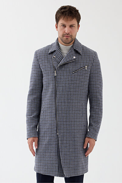 Frappoli Melli Men's Navy Blue Houndstooth Patterned Long Zippered Sports Cas...