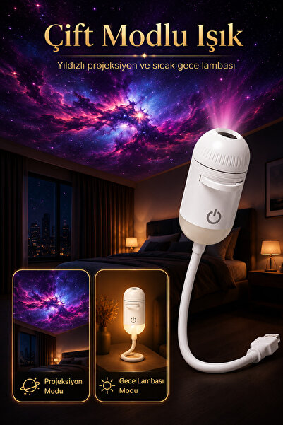 CASTU USB Galaksi Projektör LED Gece Lambası 360° Ayarlanabilir 10 Filmli 2’si 1 Arada Ambiyans Işık
