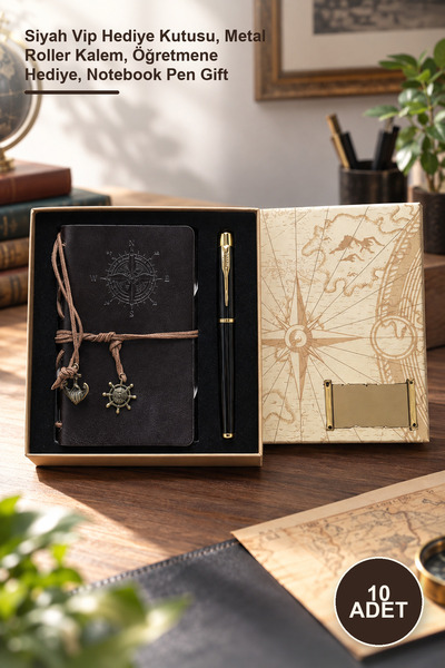 Yenilig 10 Pcs Compass Printed Leather Notebook Pen Set – Black Vip Gift Box,...