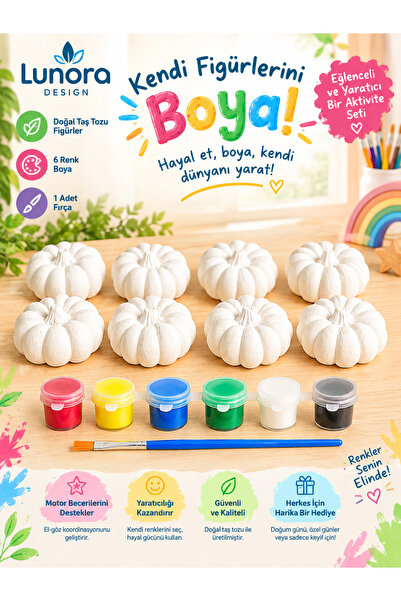 Taş Tozu Balkabağı Boyama Seti – 8 Adet Figür + 6 Renk Boya + Fırça | Hobi & Aktivite Seti