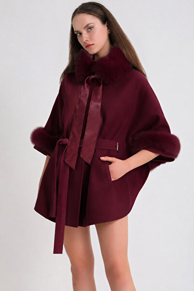 Leather Club Bordo Fox Kürk Aksesuarlı Kaşmir Pelerin Ceket