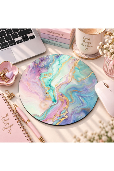 Pastel Mermer Desenli Yuvarlak Mouse Pad 19,5 cm