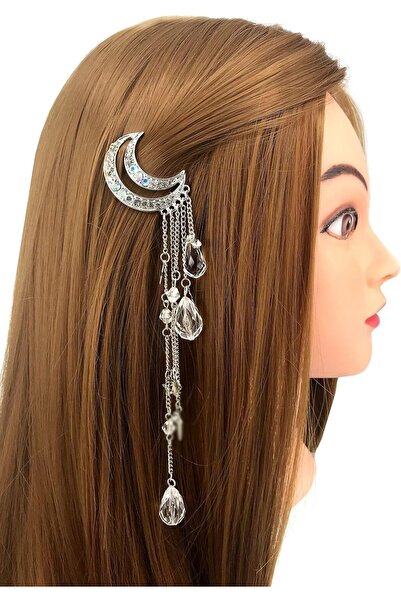 Arabest Moon Rhinestone Tassel Hair Clip with Crystal Beads,Silver Hair Chain...