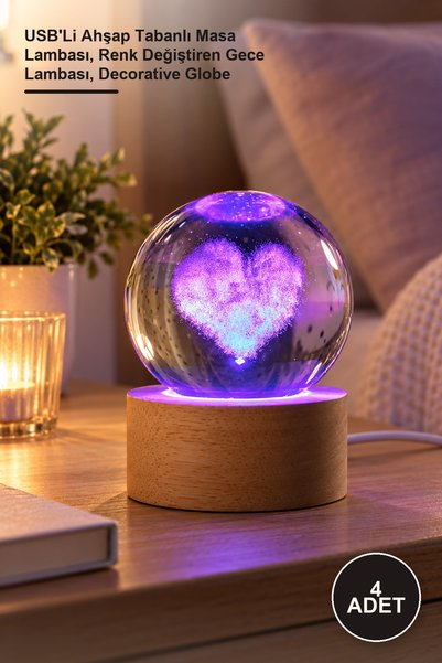 Yenilig 4 Pieces of Illuminated Heart Design Glass Globe – USB Wooden Base Ta...