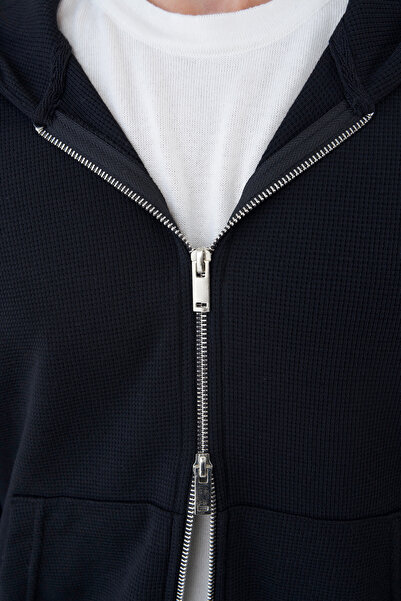 İLKCET MODA Çift Fermuarlı Siyah Kapüşonlu Erkek Sweatshirt