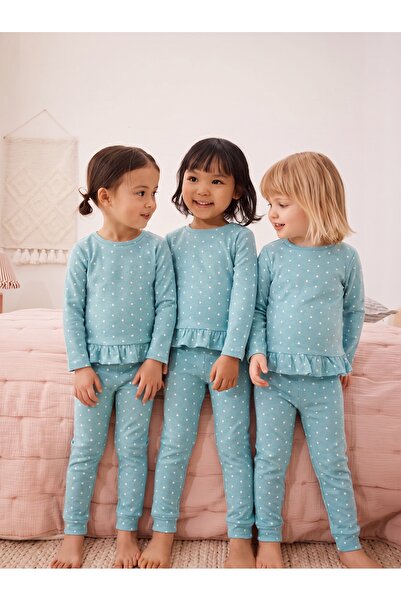Tinymuyt Girl's Ruffle Detailed Polka Dot Patterned Cotton Combed Cotton 2-Pi...
