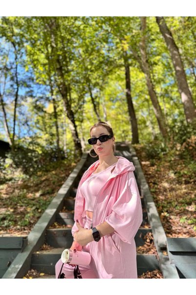 Glysso Women's Pink Oysho Fabric 3-Piece Hooded Zipper Crop Sweat Athlete Pan...