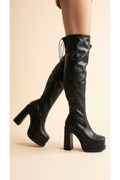 Moda Lime Women's Leather Look Platform Sole Thick Heeled Long Boots