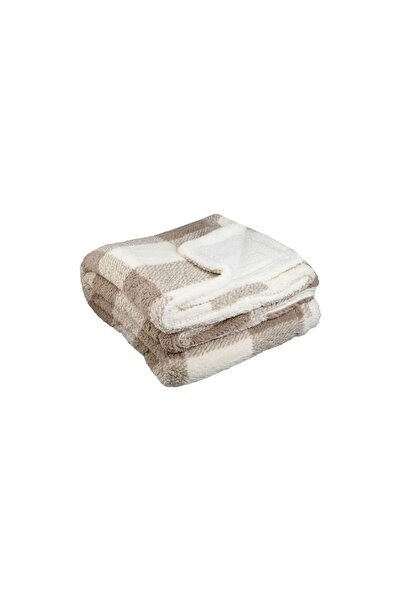 ELITECOMMERCEMARKET Patura cu Doua Fete Bej Maro in Carouri Sherpa 220x200cm