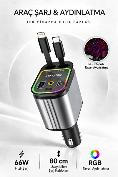 66W Hızlı Şarjlı Akıllı Araç Şarj Cihazı RGB LED Aydınlatmalı 4’ü 1 Arada Çift Kablolu Çakmaklık Adaptörü