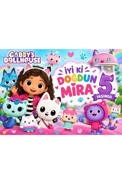 lagun reklam Gabby’s Dollhouse Doğum Günü Pankartı 100x70 cm – Mira 5 Yaş Doğ...