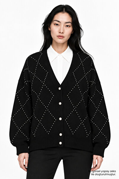 Exquise Stone Printed Wool Blend Regular Knitwear Cardigan