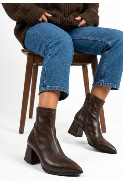 Generic Brand Suza Brown Leather Stretch Heeled Boots