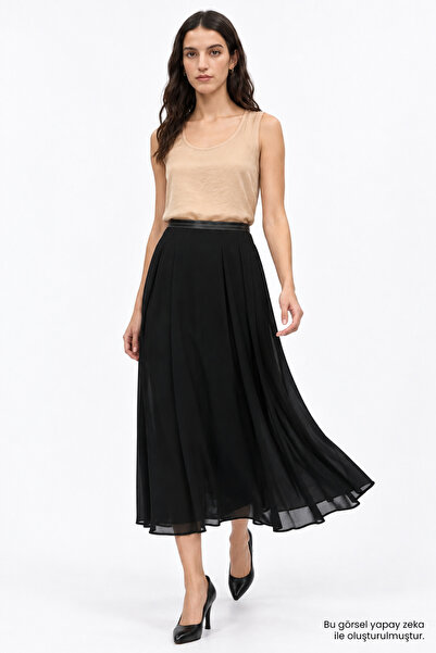 Exquise Faux Leather Regular Waist Pleated Thin Crepe Regular Skirt
