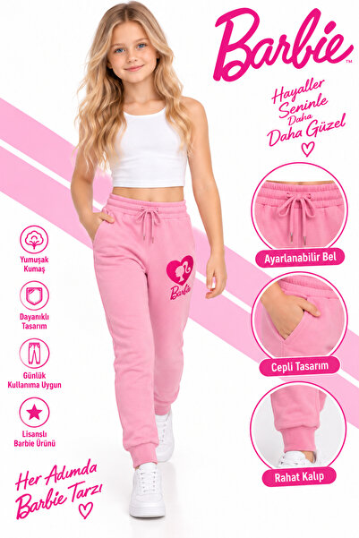 Barbie Lisanslı Kız Çocuk Pembe Jogger Eşofman Altı – Cepli, Beli Lastikli ve...