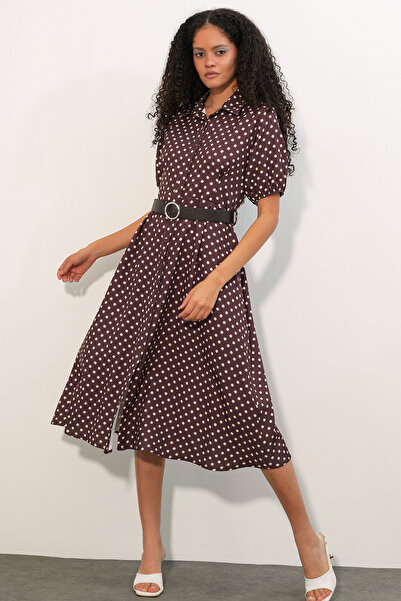 Modamorfo Women's Short Sleeve Belted Polka Dot Dress 2608 - Brown