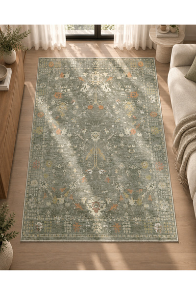 Homz Vintage Yeşil Antik Çiçek Desenli Baskı Şönil Halı Kaymaz Taban Salon Ot...