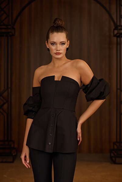 NOK İSTANBUL Dusk Volume %100 Cotton Corset Shirt Top Black