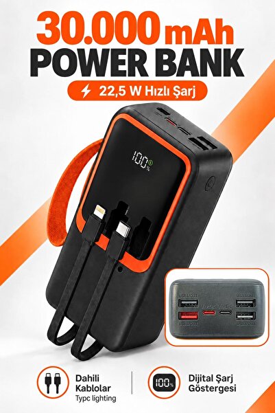 kawigo 30.000 mAh Powerbank 22.5W Hızlı Şarj Dahili Type-C Lightning Kablolu ...