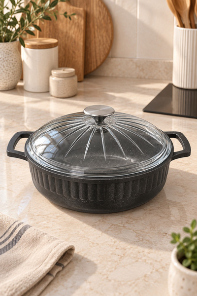 Enza Bella Flat Pot 26 cm Granite Glass Lid Cast Iron Induction Base