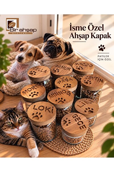 Bir Ahşap Atölyesi İsme Özel Ahşap Kavanoz Kapağı – Kedi ve Köpek İçin