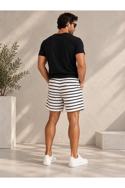 DEEPSENSE Men's Striped Shorts 100% Cotton 3 Yarns Without Pile Comfortable Cut Casual Sports Shorts