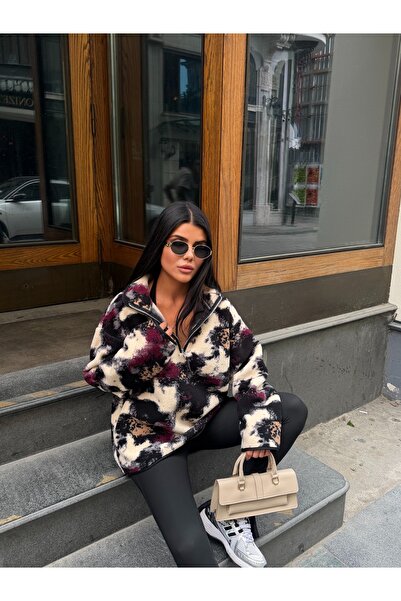 LE CARAMBOLE Kadın Siyah Desenli Yarım Fermuarlı Oversize Peluş Sweatshirt