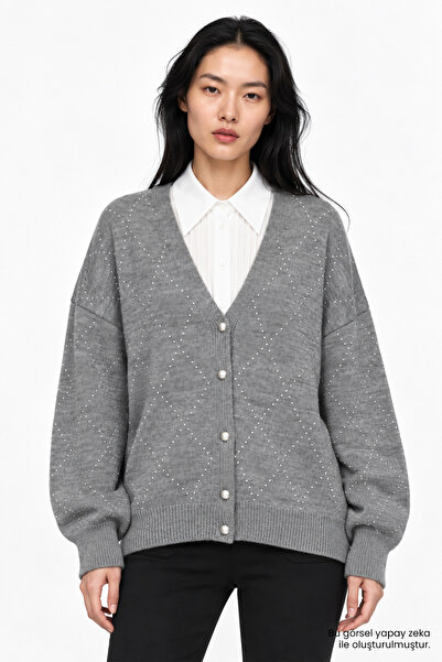 Exquise Stone Printed Wool Blend Regular Knitwear Cardigan