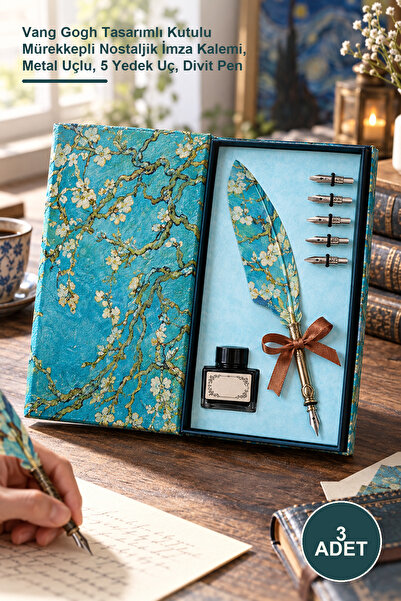 Yenilig 3-Piece Feather Dip Pen Set – Vang Gogh Designed Boxed Nostalgic Sign...