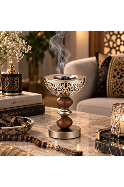 Dania مبخرة بخور فاخرة مودرن بتصميم معدني مزخرف ولمسات خشبية أنيقة، فضي وبني،...
