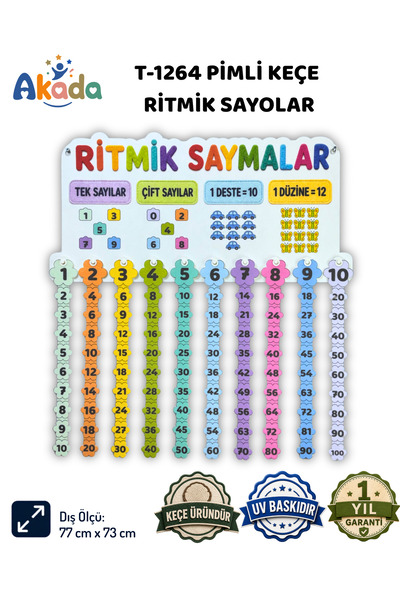 Pimli Keçe Ritmik Saymalar Panosu - 1'den 10'a Ritmik Sayma Tek Çift Sayılar Deste ve Düzine Öğretim Materyali