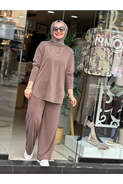 KahveRengi Bisiklet Yaka Tunik ve Bol Paça Pantolon İkili Kombin Takım